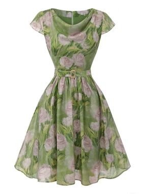 Retro Stage Vintage-Inspired GREEN 1960S OIL-PAINTING ROSE DRESS